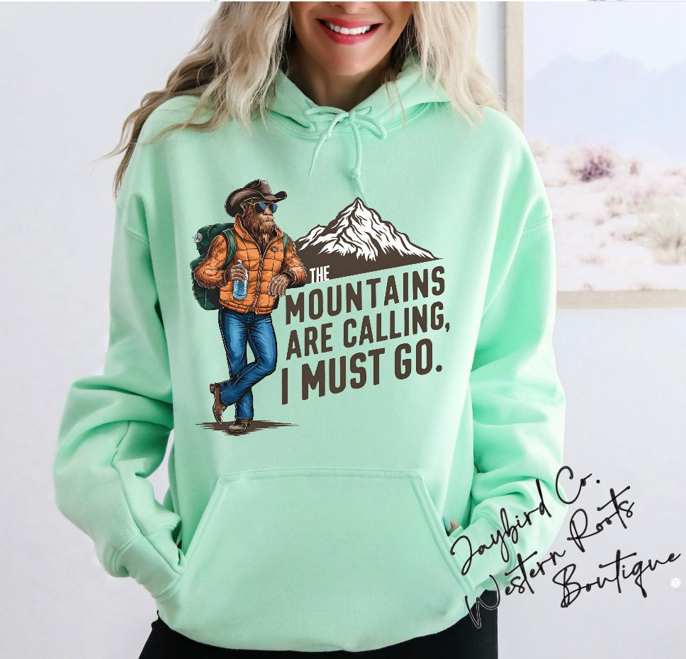 BIGFOOT THE MOUNTAINS ARE CALLING SWEATSHIRT | MINT GREEN | ORCHID | DARK HEATHER | WHITE