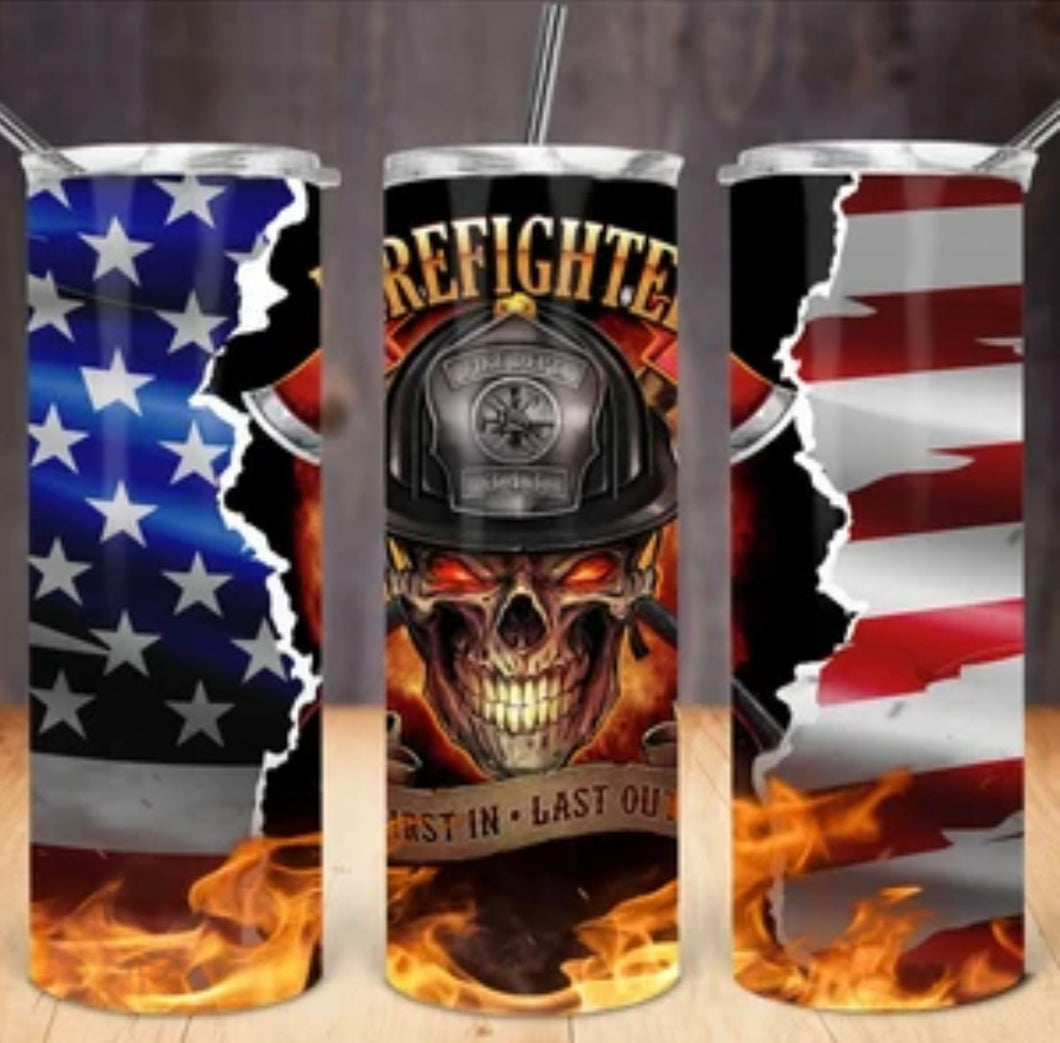 20oz Skull Firefighter Flag Tumbler